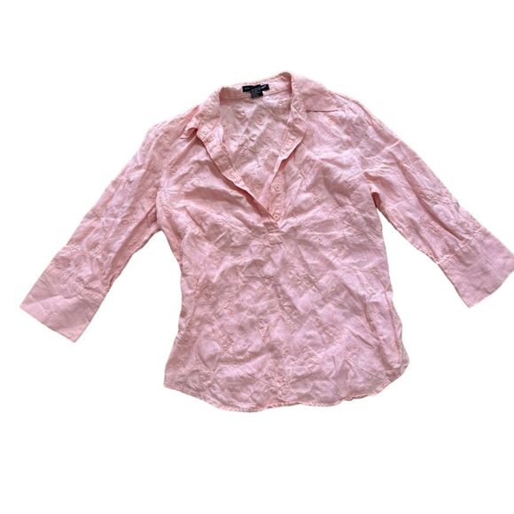 Saint Tropez West Pink 100% Linen 3/4 Sleeve Blouse‎ Medium Floral Embroidered - Picture 1 of 5